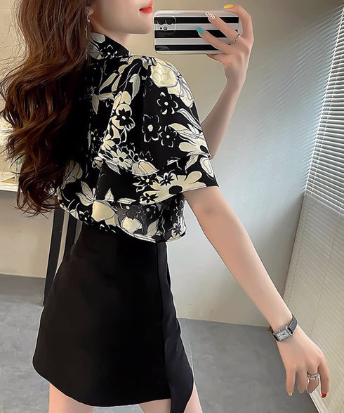 総柄ブラウスダブルフレアスリーブトップス レディース ゆったり シャツブラウス 着やせ 花柄シャツ ドレープ袖 ボタニカル柄フリルブラウス 大人女性抜け感 韓国風 2AMIY-009