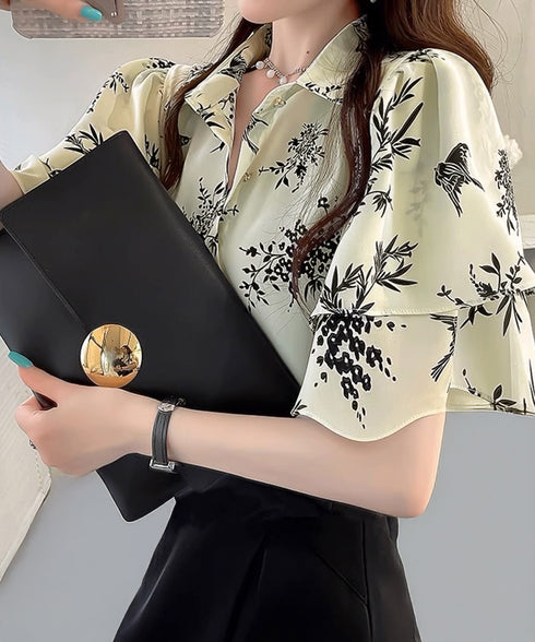 総柄ブラウスダブルフレアスリーブトップス レディース ゆったり シャツブラウス 着やせ 花柄シャツ ドレープ袖 ボタニカル柄フリルブラウス 大人女性抜け感 韓国風 2AMIY-009