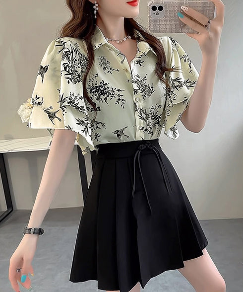 総柄ブラウスダブルフレアスリーブトップス レディース ゆったり シャツブラウス 着やせ 花柄シャツ ドレープ袖 ボタニカル柄フリルブラウス 大人女性抜け感 韓国風 2AMIY-009