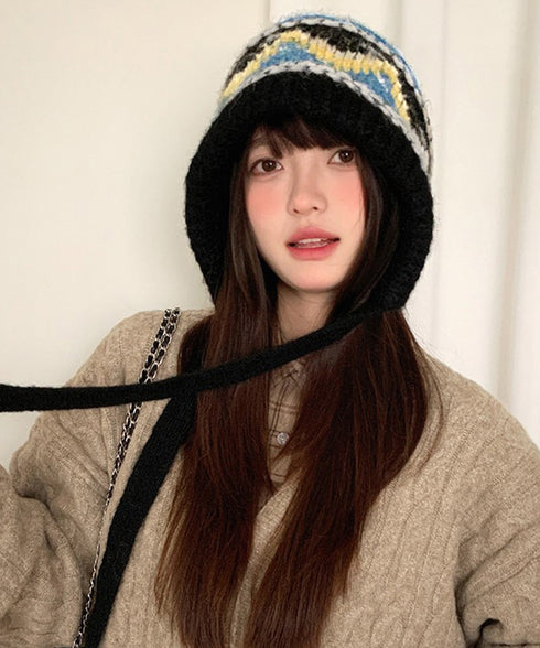 ニットバケットハット フェアアイル柄帽子 レディース 暖かい ニットキャップ カジュアル 耳当て付きニットハット 紐付き 防風防寒ニットぼうし レトロ毛糸帽子保温 2BEITI-001
