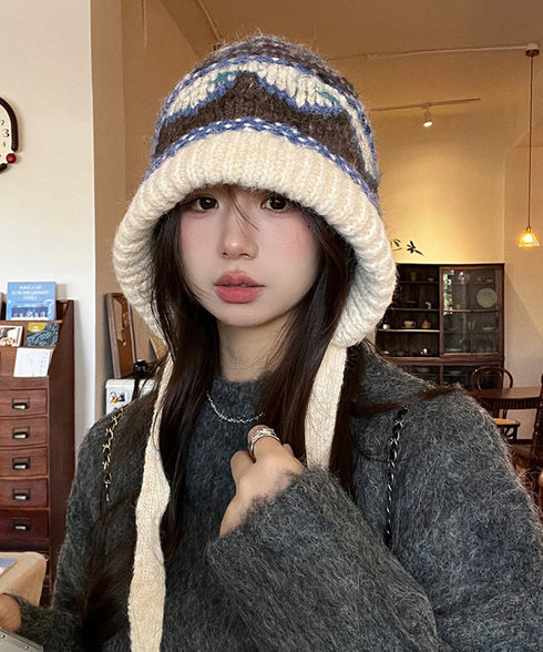 ニットバケットハット フェアアイル柄帽子 レディース 暖かい ニットキャップ カジュアル 耳当て付きニットハット 紐付き 防風防寒ニットぼうし レトロ毛糸帽子保温 2BEITI-001