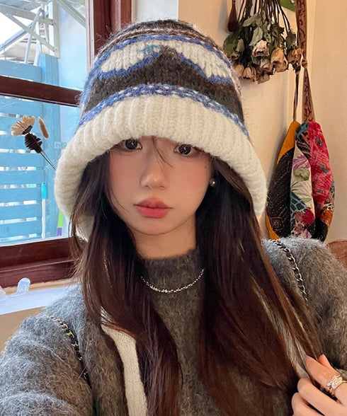 ニットバケットハット フェアアイル柄帽子 レディース 暖かい ニットキャップ カジュアル 耳当て付きニットハット 紐付き 防風防寒ニットぼうし レトロ毛糸帽子保温 2BEITI-001