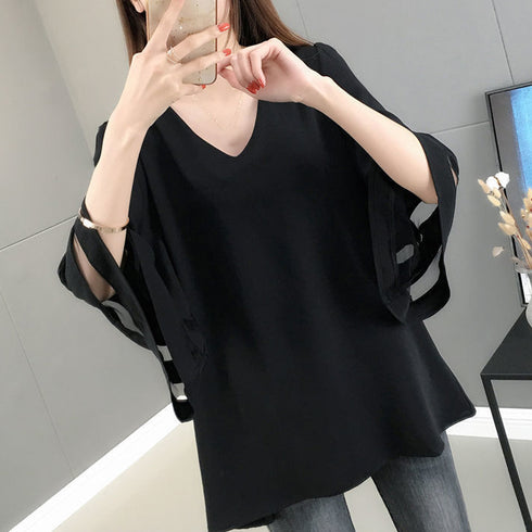 Vネック シャツブラウス レディース夏服 シフォンブラウス 白 七分袖 プルオーバー フレア袖 異素材切り替え フェミニントップス ゆったり体型カバー30代40代 2BMEI-005