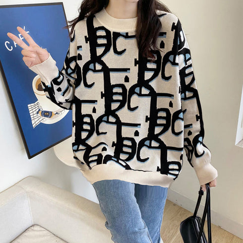 ジャガード柄ニットトップス 長袖韓国秋冬 総柄 ニットプルオーバー レディース ニットソー カジュアル 体型カバー ゆるシルエット リブニットセーター 大人着やせ 2BMEI-006