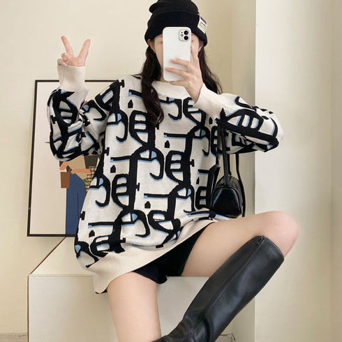 ジャガード柄ニットトップス 長袖韓国秋冬 総柄 ニットプルオーバー レディース ニットソー カジュアル 体型カバー ゆるシルエット リブニットセーター 大人着やせ 2BMEI-006