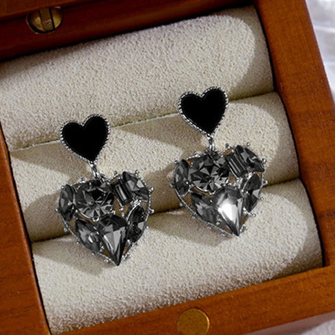 ハートピアス 韓国風 レディース黒ピアス ハートフレームピアス 結婚式 アクセサリー 耳飾り 輝くラインストーン キラキラピアス可愛い 大人上品ピアス カジュアル 2BOYU-001