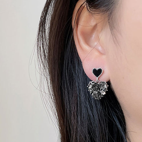ハートピアス 韓国風 レディース黒ピアス ハートフレームピアス 結婚式 アクセサリー 耳飾り 輝くラインストーン キラキラピアス可愛い 大人上品ピアス カジュアル 2BOYU-001