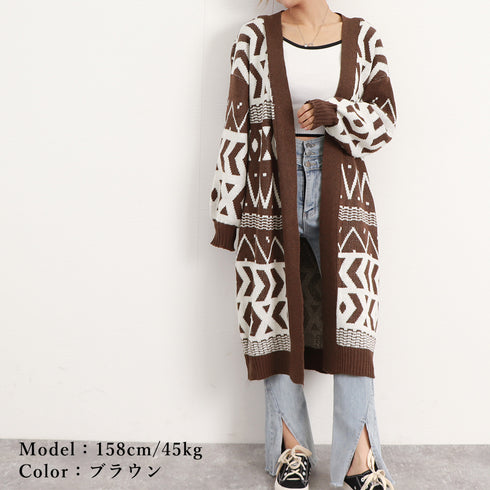 ニットロングカーディガンレディース韓国冬 幾何学柄 ニットコーディガン ロング丈 羽織り 中厚手ライトアウター トッパーカーディガン 体型カバー ゆったり レトロ 2CHAOSI-001