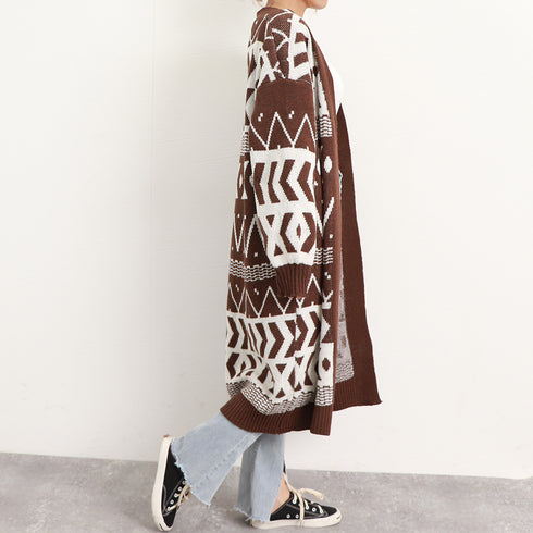 ニットロングカーディガンレディース韓国冬 幾何学柄 ニットコーディガン ロング丈 羽織り 中厚手ライトアウター トッパーカーディガン 体型カバー ゆったり レトロ 2CHAOSI-001
