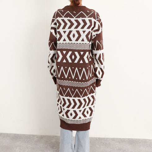 ニットロングカーディガンレディース韓国冬 幾何学柄 ニットコーディガン ロング丈 羽織り 中厚手ライトアウター トッパーカーディガン 体型カバー ゆったり レトロ 2CHAOSI-001