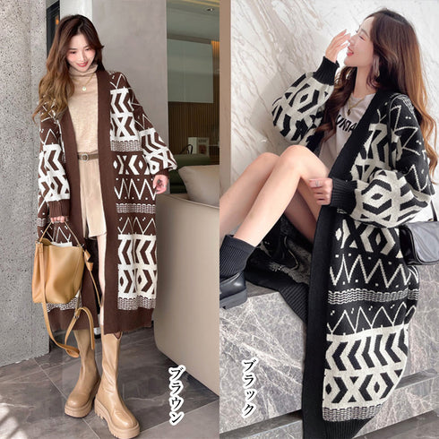 ニットロングカーディガンレディース韓国冬 幾何学柄 ニットコーディガン ロング丈 羽織り 中厚手ライトアウター トッパーカーディガン 体型カバー ゆったり レトロ 2CHAOSI-001