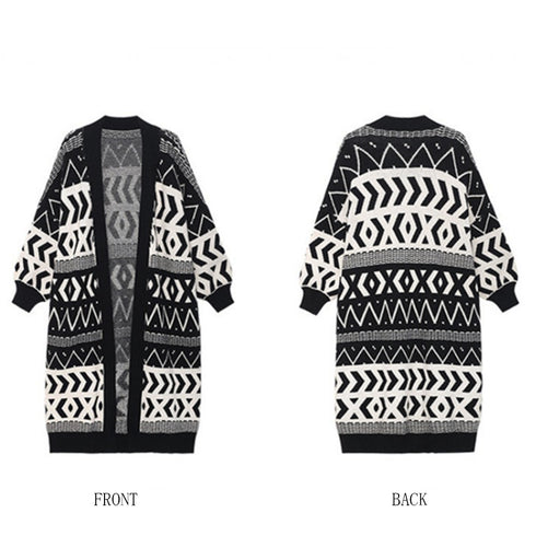 ニットロングカーディガンレディース韓国冬 幾何学柄 ニットコーディガン ロング丈 羽織り 中厚手ライトアウター トッパーカーディガン 体型カバー ゆったり レトロ 2CHAOSI-001