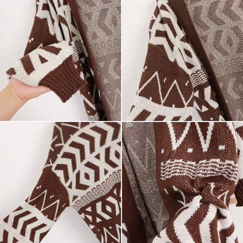 ニットロングカーディガンレディース韓国冬 幾何学柄 ニットコーディガン ロング丈 羽織り 中厚手ライトアウター トッパーカーディガン 体型カバー ゆったり レトロ 2CHAOSI-001
