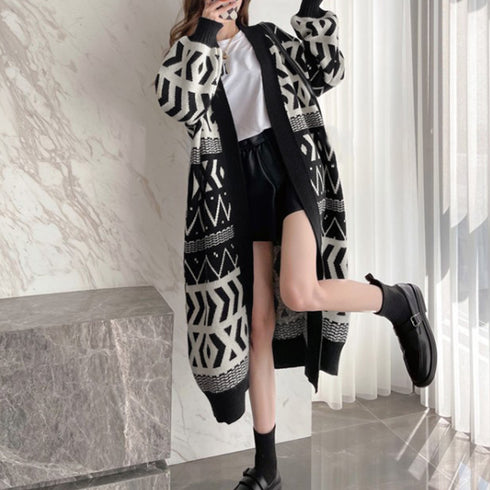 ニットロングカーディガンレディース韓国冬 幾何学柄 ニットコーディガン ロング丈 羽織り 中厚手ライトアウター トッパーカーディガン 体型カバー ゆったり レトロ 2CHAOSI-001