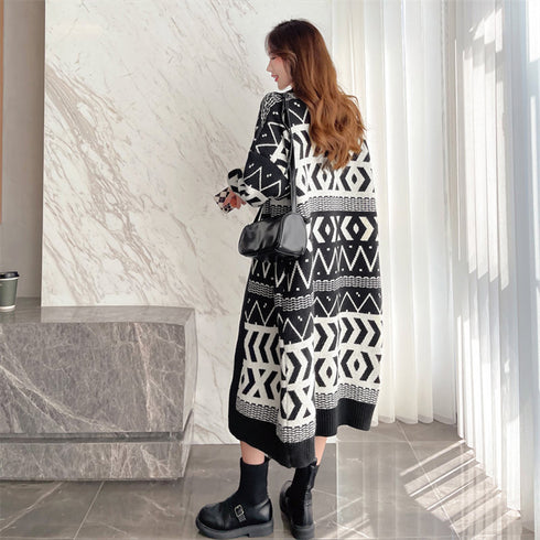 ニットロングカーディガンレディース韓国冬 幾何学柄 ニットコーディガン ロング丈 羽織り 中厚手ライトアウター トッパーカーディガン 体型カバー ゆったり レトロ 2CHAOSI-001