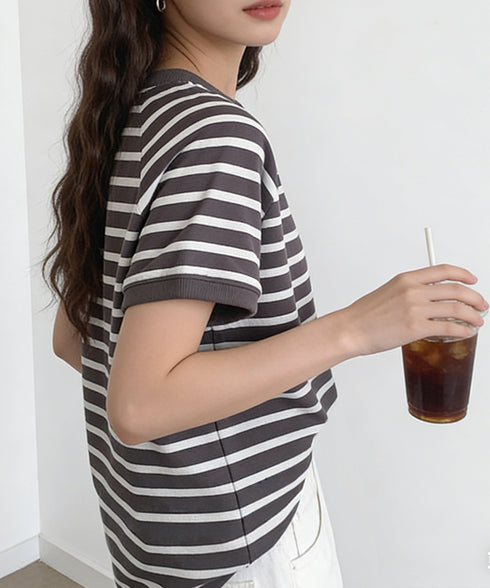 ボーダーTシャツ 半袖チュニックTシャツ 綿混tシャツ クルーネックカットソー プルオーバー着やせ夏トップス おしゃれカジュアル シンプルロングtシャツ ゆったり 2CHENFAN-001