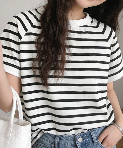 ボーダーTシャツ 半袖チュニックTシャツ 綿混tシャツ クルーネックカットソー プルオーバー着やせ夏トップス おしゃれカジュアル シンプルロングtシャツ ゆったり 2CHENFAN-001