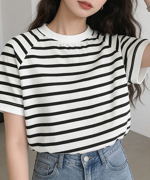 ボーダーTシャツ 半袖チュニックTシャツ 綿混tシャツ クルーネックカットソー プルオーバー着やせ夏トップス おしゃれカジュアル シンプルロングtシャツ ゆったり 2CHENFAN-001