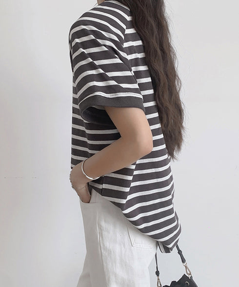 ボーダーTシャツ 半袖チュニックTシャツ 綿混tシャツ クルーネックカットソー プルオーバー着やせ夏トップス おしゃれカジュアル シンプルロングtシャツ ゆったり 2CHENFAN-001