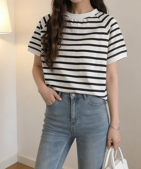 ボーダーTシャツ 半袖チュニックTシャツ 綿混tシャツ クルーネックカットソー プルオーバー着やせ夏トップス おしゃれカジュアル シンプルロングtシャツ ゆったり 2CHENFAN-001