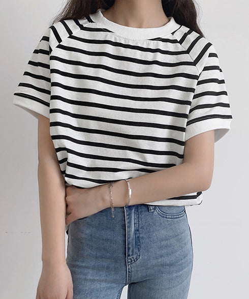 ボーダーTシャツ 半袖チュニックTシャツ 綿混tシャツ クルーネックカットソー プルオーバー着やせ夏トップス おしゃれカジュアル シンプルロングtシャツ ゆったり 2CHENFAN-001