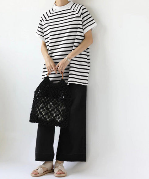 ボーダーTシャツ 半袖チュニックTシャツ 綿混tシャツ クルーネックカットソー プルオーバー着やせ夏トップス おしゃれカジュアル シンプルロングtシャツ ゆったり 2CHENFAN-001