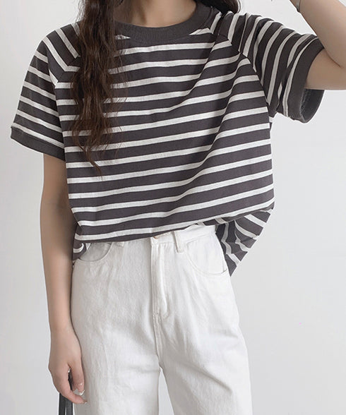 ボーダーTシャツ 半袖チュニックTシャツ 綿混tシャツ クルーネックカットソー プルオーバー着やせ夏トップス おしゃれカジュアル シンプルロングtシャツ ゆったり 2CHENFAN-001
