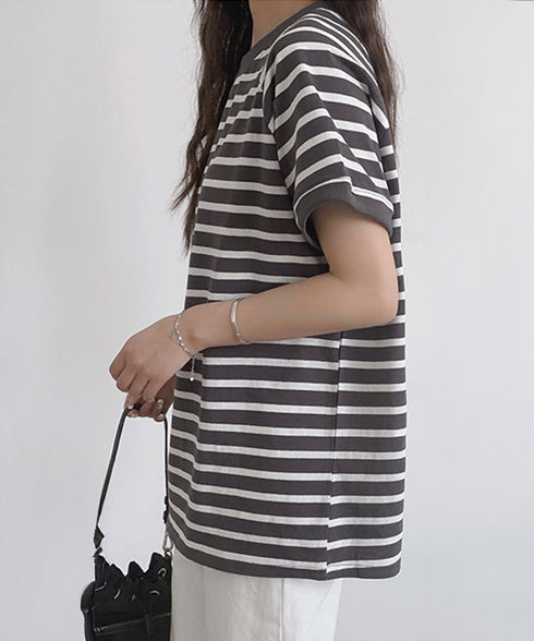 ボーダーTシャツ 半袖チュニックTシャツ 綿混tシャツ クルーネックカットソー プルオーバー着やせ夏トップス おしゃれカジュアル シンプルロングtシャツ ゆったり 2CHENFAN-001