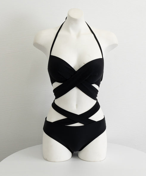 セクシービキニ ホルターネック水着韓国風 フロントクロス ビキニ2点セット ハイウエスト水着 クロスバンドゥ バスト盛れる水着スイムウェア海水浴 お洒落くびれ水着 2CHENGJ-001