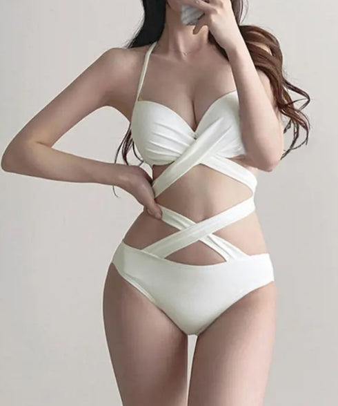 セクシービキニ ホルターネック水着韓国風 フロントクロス ビキニ2点セット ハイウエスト水着 クロスバンドゥ バスト盛れる水着スイムウェア海水浴 お洒落くびれ水着 2CHENGJ-001