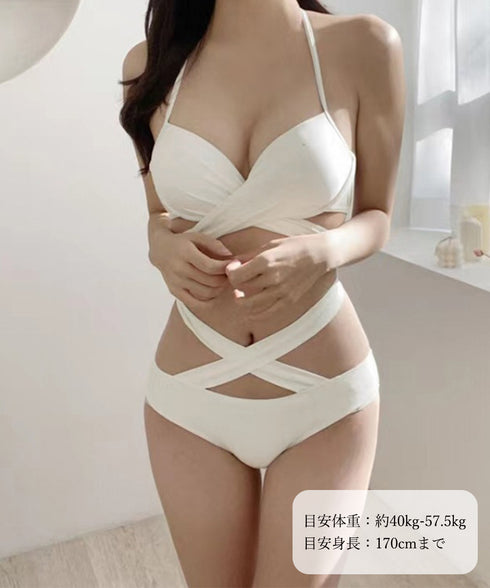セクシービキニ ホルターネック水着韓国風 フロントクロス ビキニ2点セット ハイウエスト水着 クロスバンドゥ バスト盛れる水着スイムウェア海水浴 お洒落くびれ水着 2CHENGJ-001