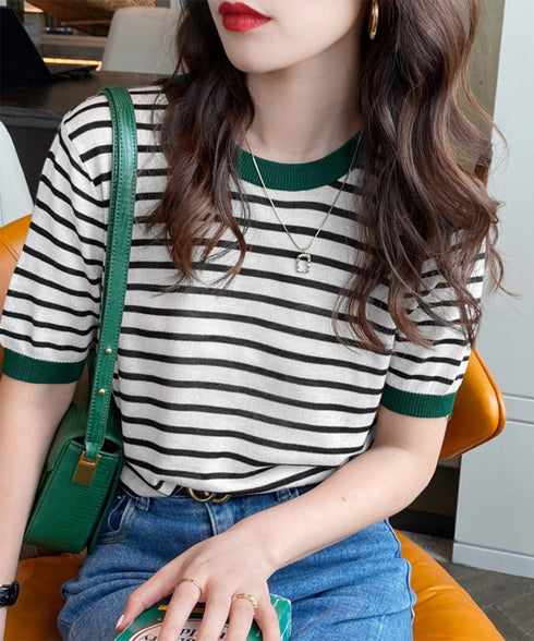 ボーダーニットトップス 半袖 レディース 大人可愛い 春夏 配色ニットTシャツ カジュアル 丸首サマーニット インスタ映え 夏服 おしゃれ 薄手ニットソー 韓国風 2DAIWEI-003