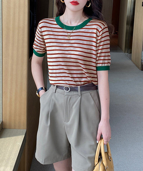 ボーダーニットトップス 半袖 レディース 大人可愛い 春夏 配色ニットTシャツ カジュアル 丸首サマーニット インスタ映え 夏服 おしゃれ 薄手ニットソー 韓国風 2DAIWEI-003