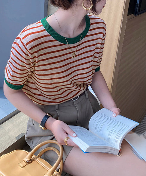 ボーダーニットトップス 半袖 レディース 大人可愛い 春夏 配色ニットTシャツ カジュアル 丸首サマーニット インスタ映え 夏服 おしゃれ 薄手ニットソー 韓国風 2DAIWEI-003