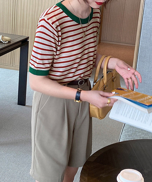 ボーダーニットトップス 半袖 レディース 大人可愛い 春夏 配色ニットTシャツ カジュアル 丸首サマーニット インスタ映え 夏服 おしゃれ 薄手ニットソー 韓国風 2DAIWEI-003