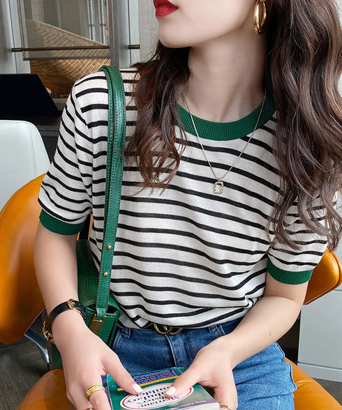 ボーダーニットトップス 半袖 レディース 大人可愛い 春夏 配色ニットTシャツ カジュアル 丸首サマーニット インスタ映え 夏服 おしゃれ 薄手ニットソー 韓国風 2DAIWEI-003