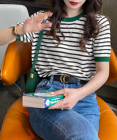 ボーダーニットトップス 半袖 レディース 大人可愛い 春夏 配色ニットTシャツ カジュアル 丸首サマーニット インスタ映え 夏服 おしゃれ 薄手ニットソー 韓国風 2DAIWEI-003