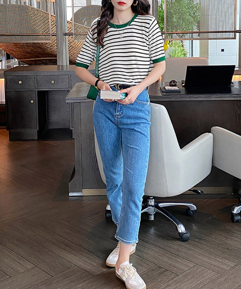 ボーダーニットトップス 半袖 レディース 大人可愛い 春夏 配色ニットTシャツ カジュアル 丸首サマーニット インスタ映え 夏服 おしゃれ 薄手ニットソー 韓国風 2DAIWEI-003