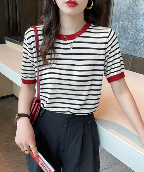 ボーダーニットトップス 半袖 レディース 大人可愛い 春夏 配色ニットTシャツ カジュアル 丸首サマーニット インスタ映え 夏服 おしゃれ 薄手ニットソー 韓国風 2DAIWEI-003