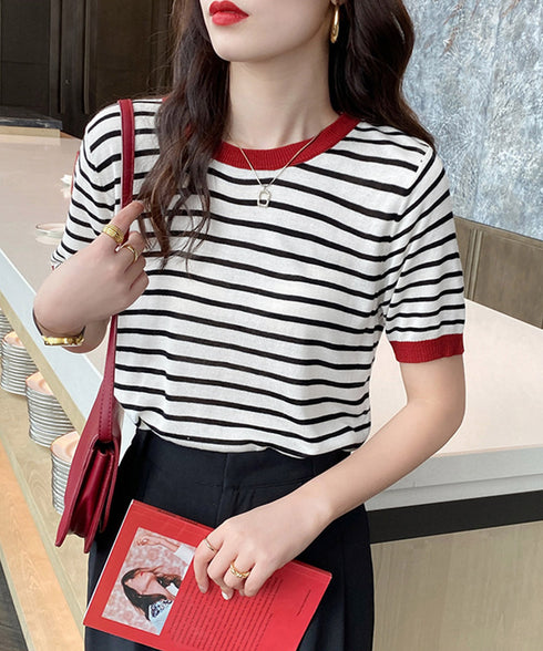ボーダーニットトップス 半袖 レディース 大人可愛い 春夏 配色ニットTシャツ カジュアル 丸首サマーニット インスタ映え 夏服 おしゃれ 薄手ニットソー 韓国風 2DAIWEI-003