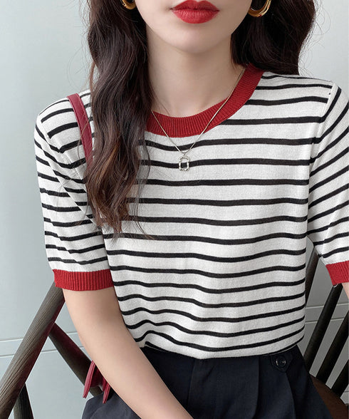 ボーダーニットトップス 半袖 レディース 大人可愛い 春夏 配色ニットTシャツ カジュアル 丸首サマーニット インスタ映え 夏服 おしゃれ 薄手ニットソー 韓国風 2DAIWEI-003