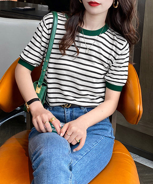 ボーダーニットトップス 半袖 レディース 大人可愛い 春夏 配色ニットTシャツ カジュアル 丸首サマーニット インスタ映え 夏服 おしゃれ 薄手ニットソー 韓国風 2DAIWEI-003