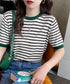 ボーダーニットトップス 半袖 レディース 大人可愛い 春夏 配色ニットTシャツ カジュアル 丸首サマーニット インスタ映え 夏服 おしゃれ 薄手ニットソー 韓国風 2DAIWEI-003