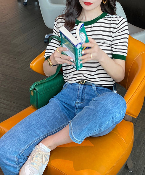 ボーダーニットトップス 半袖 レディース 大人可愛い 春夏 配色ニットTシャツ カジュアル 丸首サマーニット インスタ映え 夏服 おしゃれ 薄手ニットソー 韓国風 2DAIWEI-003