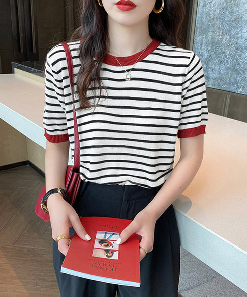 ボーダーニットトップス 半袖 レディース 大人可愛い 春夏 配色ニットTシャツ カジュアル 丸首サマーニット インスタ映え 夏服 おしゃれ 薄手ニットソー 韓国風 2DAIWEI-003