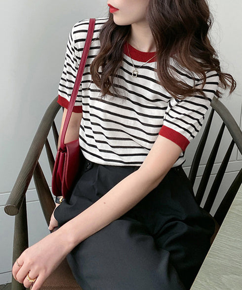 ボーダーニットトップス 半袖 レディース 大人可愛い 春夏 配色ニットTシャツ カジュアル 丸首サマーニット インスタ映え 夏服 おしゃれ 薄手ニットソー 韓国風 2DAIWEI-003