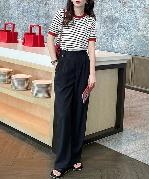 ボーダーニットトップス 半袖 レディース 大人可愛い 春夏 配色ニットTシャツ カジュアル 丸首サマーニット インスタ映え 夏服 おしゃれ 薄手ニットソー 韓国風 2DAIWEI-003