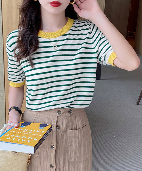 ボーダーニットトップス 半袖 レディース 大人可愛い 春夏 配色ニットTシャツ カジュアル 丸首サマーニット インスタ映え 夏服 おしゃれ 薄手ニットソー 韓国風 2DAIWEI-003