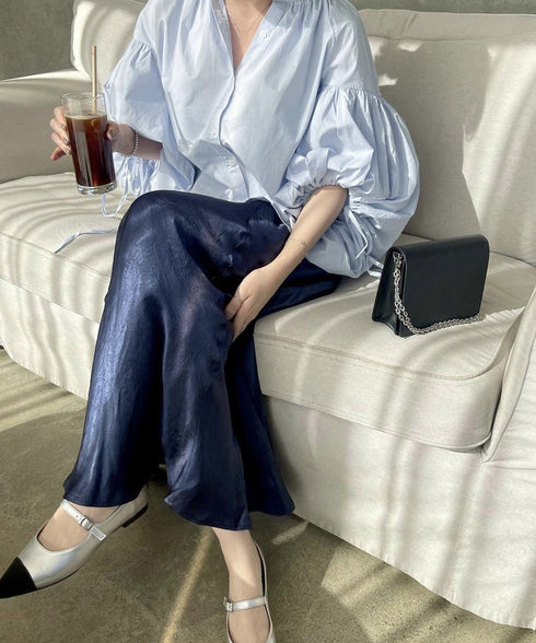 ランタンスリーブシャツブラウスレディース ぽわん袖ブラウス きれいめ ドロップショルダートップス着やせ 大人可愛い スキッパーシャツおしゃれ 韓国風春夏服ゆったり 2DAIWEI-004