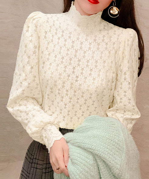 微起毛 ハイネックレースブラウス 春秋冬 重ね着 シースルートップス レディース きれいめ フリルブラウス レイヤード 大人可愛い 花柄レーストップスパフスリーブ 2DUOJC-001